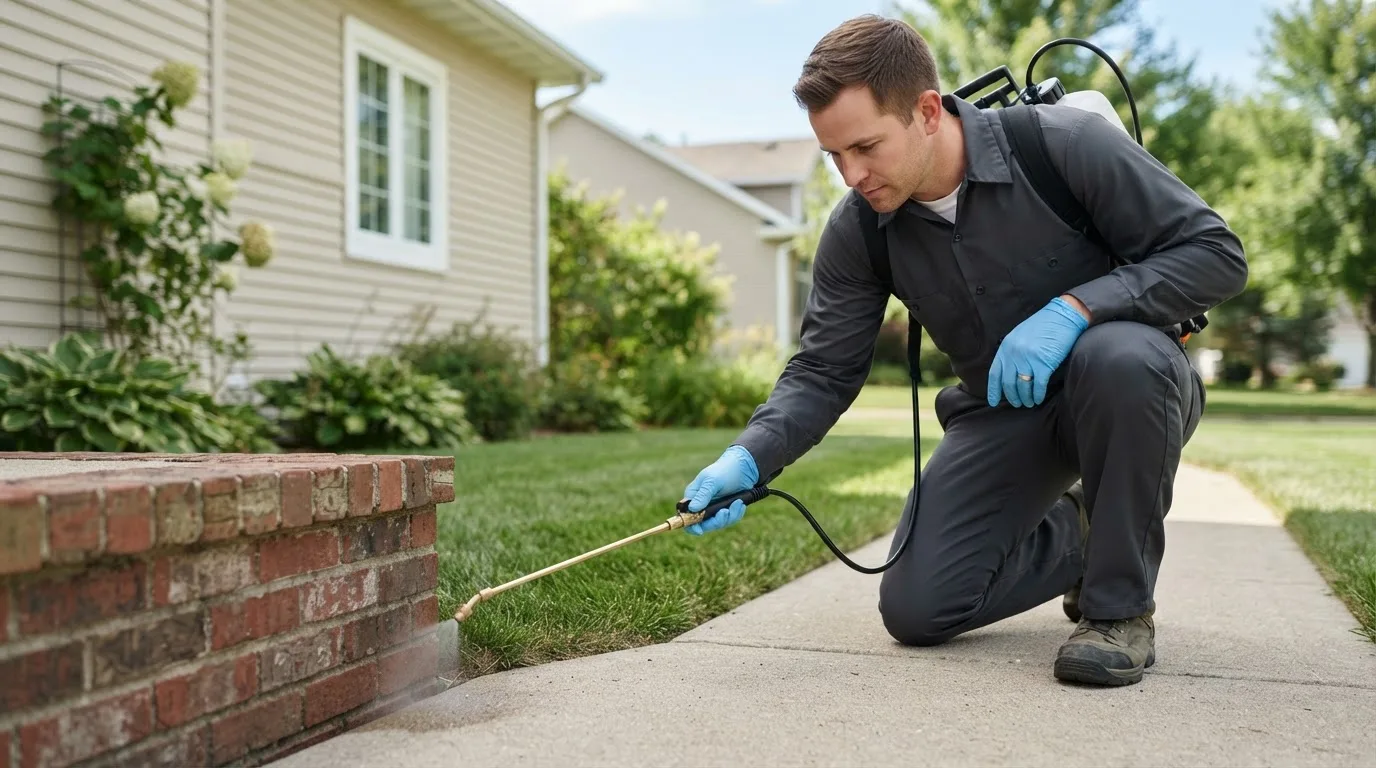 Pest control technician treating a home near Shuqualak, MS
